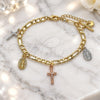 Oro Laminado Charm Bracelet, Gold Filled Style Guadalupe and Crucifix Design, Polished, Tricolor, 03.351.0113.07 (04 MM Thickness, 7 Inches Length)