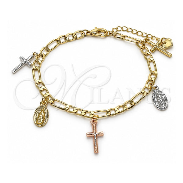 Oro Laminado Charm Bracelet, Gold Filled Style Guadalupe and Crucifix Design, Polished, Tricolor, 03.351.0113.07 (04 MM Thickness, 7 Inches Length)