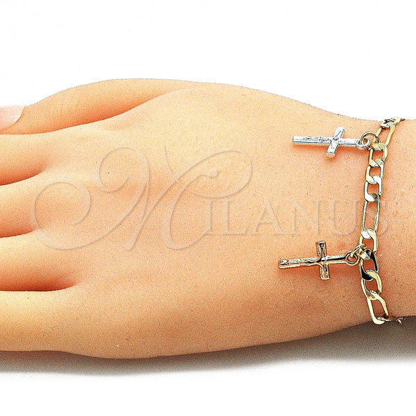 Gold Filled Bracelet — Charm Bracelet Crucifix Design Polished Tricolor 03. 04 — alternate product view — SKU 141467 | Oro Laminado brazalete — Charm Bracelet Crucifix diseño pulido Tricolor 03. 04 — SKU 141467