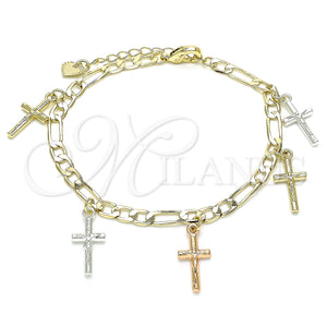 Gold Filled Bracelet — Charm Bracelet Crucifix Design Polished Tricolor 03. 04 — main product view — SKU 141467 | Oro Laminado brazalete — Charm Bracelet Crucifix diseño pulido Tricolor 03. 04 — SKU 141467