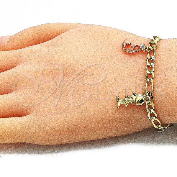 Gold Filled Bracelet — Charm Bracelet Moon and Star Design Polished Tricolor — alternate product view — SKU 141468 | Oro Laminado brazalete — Charm Bracelet Moon and estrella diseño pulido Tricolor — SKU 141468