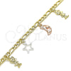 Oro Laminado Charm Bracelet, Gold Filled Style Moon and Star Design, Polished, Tricolor, 03.351.0116.07 (05 MM Thickness, 7 Inches Length)