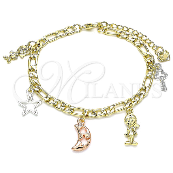Gold Filled Bracelet — Charm Bracelet Moon and Star Design Polished Tricolor — main product view — SKU 141468 | Oro Laminado brazalete — Charm Bracelet Moon and estrella diseño pulido Tricolor — SKU 141468