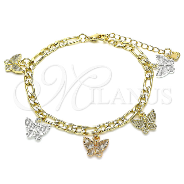 Gold Filled Bracelet — Charm Bracelet Butterfly Design Polished Tricolor 03. 05 — main product view — SKU 141470 | Oro Laminado brazalete — Charm Bracelet Butterfly diseño pulido Tricolor 03. 05 — SKU 141470