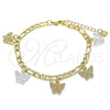 Oro Laminado Charm Bracelet, Gold Filled Style Butterfly Design, Polished, Tricolor, 03.351.0118.07 (05 MM Thickness, 7 Inches Length)