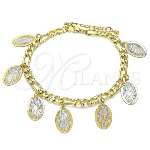 Oro Laminado Charm Bracelet, Gold Filled Style Guadalupe Design, Polished, Tricolor, 03.351.0119.08 (05 MM Thickness, 8 Inches Length)