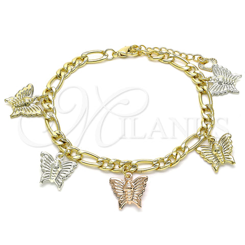 Oro Laminado Charm Bracelet, Gold Filled Style Butterfly Design, Polished, Tricolor, 03.351.0121.08 (05 MM Thickness, 8 Inches Length)