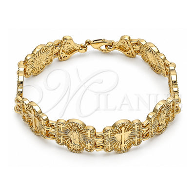 Oro Laminado Fancy Bracelet, Gold Filled Style Guadalupe and Cross Design, Polished, Golden Finish, 03.351.0124.08 (16 MM Thickness, 8 Inches Length)