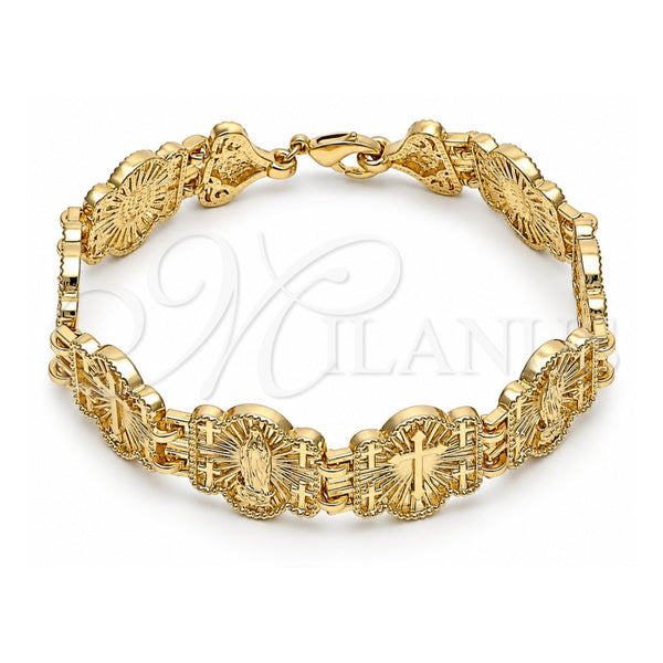 Oro Laminado Fancy Bracelet, Gold Filled Style Guadalupe and Cross Design, Polished, Golden Finish, 03.351.0124.08 (16 MM Thickness, 8 Inches Length)
