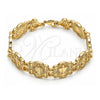 Oro Laminado Fancy Bracelet, Gold Filled Style Guadalupe and Cross Design, Polished, Golden Finish, 03.351.0124.08 (16 MM Thickness, 8 Inches Length)