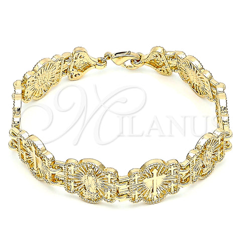 Oro Laminado Fancy Bracelet, Gold Filled Style Guadalupe and Cross Design, Polished, Golden Finish, 03.351.0124.08 (16 MM Thickness, 8 Inches Length)