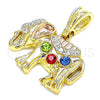 Oro Laminado Fancy Pendant, Gold Filled Style Elephant Design, with Multicolor Crystal, Polished, Tricolor, 05.351.0165
