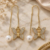Oro Laminado Threader Earring, Gold Filled Style Butterfly Design, with White Crystal, Polished, Golden Finish, 02.380.0068