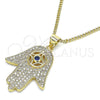 Oro Laminado Pendant Necklace, Gold Filled Style Hand of God Design, with Sapphire Blue Cubic Zirconia and White Crystal, Polished, Golden Finish, 04.156.0205.1.20 (02 MM Thickness, 20 Inches Length)