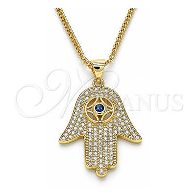 Oro Laminado Pendant Necklace, Gold Filled Style Hand of God and Judaica Design, with Sapphire Blue Cubic Zirconia and White Crystal, Polished, Golden Finish, 04.156.0205.1.20 (02 MM Thickness, 20 Inches Length)