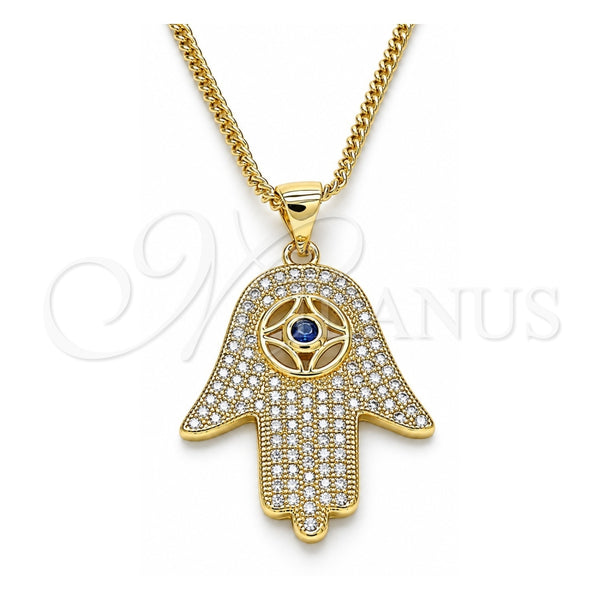 Oro Laminado Pendant Necklace, Gold Filled Style Hand of God and Judaica Design, with Sapphire Blue Cubic Zirconia and White Crystal, Polished, Golden Finish, 04.156.0205.1.20 (02 MM Thickness, 20 Inches Length)
