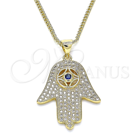 Oro Laminado Pendant Necklace, Gold Filled Style Hand of God Design, with Sapphire Blue Cubic Zirconia and White Crystal, Polished, Golden Finish, 04.156.0205.1.20 (02 MM Thickness, 20 Inches Length)