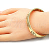 Oro Laminado Individual Bangle, Gold Filled Style Evil Eye and Hand of God Design, with White Micro Pave, Polished, Golden Finish, 07.156.0076 (09 MM Thickness, One size fits all)