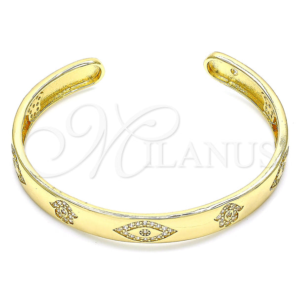 Oro Laminado Individual Bangle, Gold Filled Style Evil Eye and Hand of God Design, with White Micro Pave, Polished, Golden Finish, 07.156.0076 (09 MM Thickness, One size fits all)