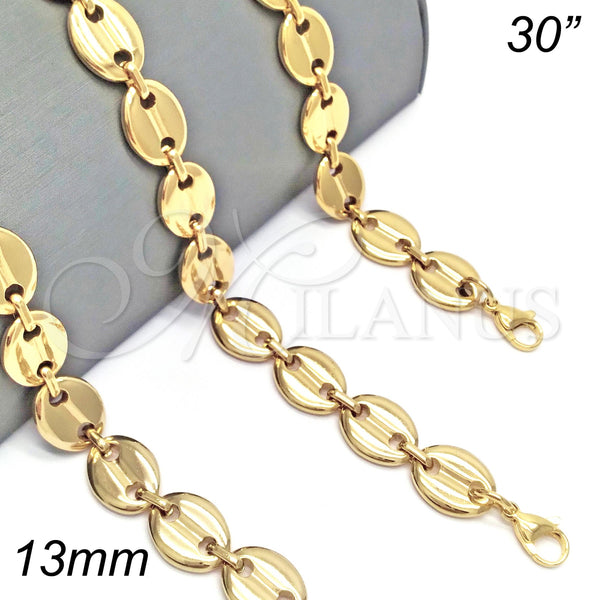 Stainless Steel Basic Necklace, Puff Mariner Design, Polished, Golden Finish, 04.116.0063.30 (13 MM Thickness, 30 Inches Length)