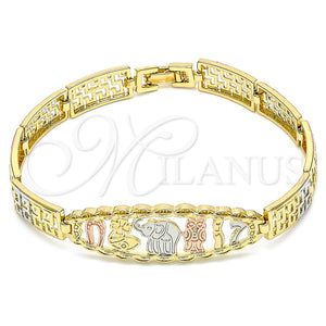 Gold Filled Bracelet — Fancy Bracelet Elephant and Owl Design Polished Tricolor — main product view — SKU 141528 | Oro Laminado brazalete — elegante Bracelet Elephant and Owl diseño pulido Tricolor — SKU 141528