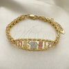 Oro Laminado Fancy Bracelet, Gold Filled Style Elephant and Owl Design, Polished, Tricolor, 03.380.0073.07 (06 MM Thickness, 7 Inches Length)