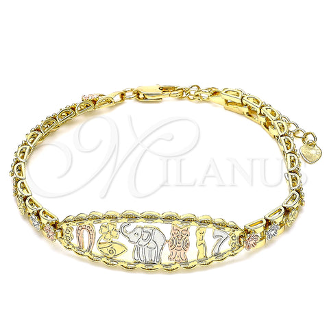 Oro Laminado Fancy Bracelet, Gold Filled Style Elephant and Owl Design, Polished, Tricolor, 03.380.0073.07 (06 MM Thickness, 7 Inches Length)