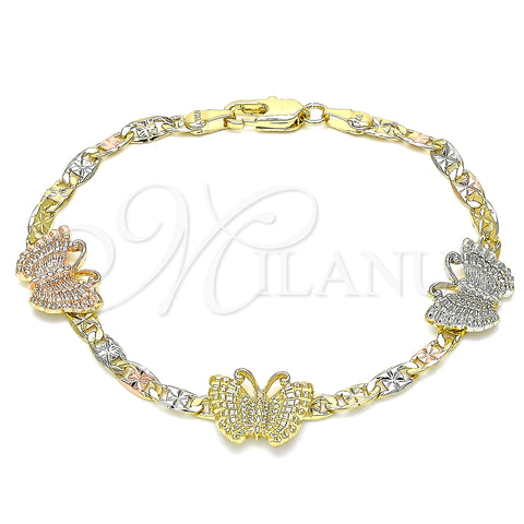 Oro Laminado Fancy Bracelet, Gold Filled Style Butterfly Design, Polished, Tricolor, 03.380.0075.08 (04 MM Thickness, 8 Inches Length)