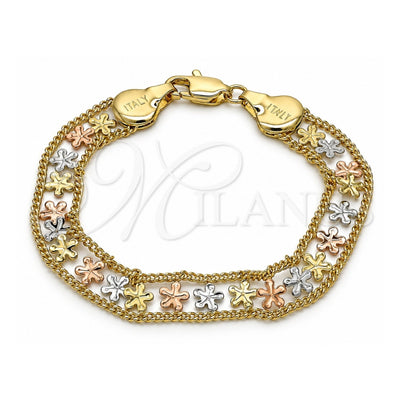 Oro Laminado Fancy Bracelet, Gold Filled Style Flower Design, Polished, Tricolor, 03.380.0077.08 (10 MM Thickness, 8 Inches Length)