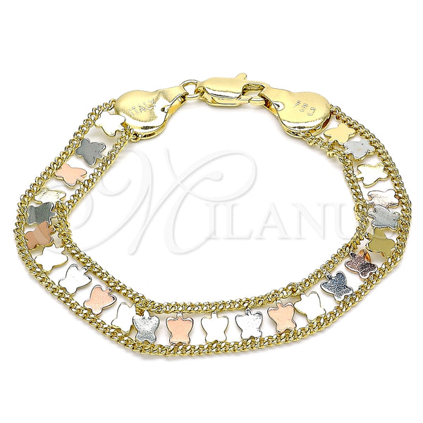 Oro Laminado Fancy Bracelet, Gold Filled Style Butterfly Design, Polished, Tricolor, 03.380.0078.08 (09 MM Thickness, 8 Inches Length)