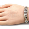 Oro Laminado Fancy Bracelet, Gold Filled Style Guadalupe Design, with Garnet Micro Pave, Polished, Tricolor, 03.380.0013.1.08 (08 MM Thickness, 8 Inches Length)