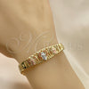 Oro Laminado Fancy Bracelet, Gold Filled Style Guadalupe Design, with Garnet Micro Pave, Polished, Tricolor, 03.380.0013.1.08 (08 MM Thickness, 8 Inches Length)
