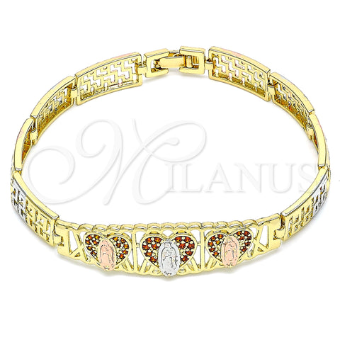 Oro Laminado Fancy Bracelet, Gold Filled Style Guadalupe Design, with Garnet Micro Pave, Polished, Tricolor, 03.380.0013.1.08 (08 MM Thickness, 8 Inches Length)