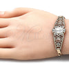 Oro Laminado Fancy Bracelet, Gold Filled Style Guadalupe and Heart Design, with White Crystal, Polished, Tricolor, 03.380.0081.08 (04 MM Thickness, 8 Inches Length)