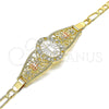 Oro Laminado Fancy Bracelet, Gold Filled Style Guadalupe and Heart Design, with White Crystal, Polished, Tricolor, 03.380.0081.08 (04 MM Thickness, 8 Inches Length)