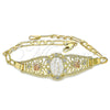 Oro Laminado Fancy Bracelet, Gold Filled Style Guadalupe and Heart Design, with White Crystal, Polished, Tricolor, 03.380.0081.08 (04 MM Thickness, 8 Inches Length)