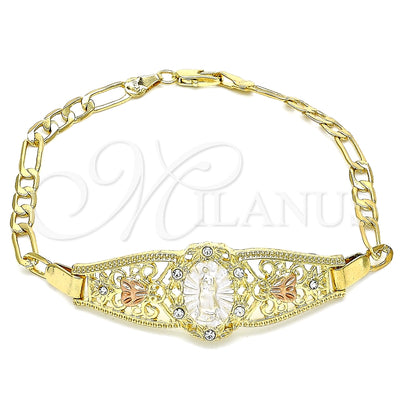 Oro Laminado Fancy Bracelet, Gold Filled Style Guadalupe and Heart Design, with White Crystal, Polished, Tricolor, 03.380.0081.08 (04 MM Thickness, 8 Inches Length)