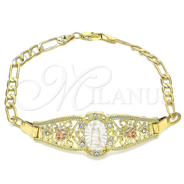 Oro Laminado Fancy Bracelet, Gold Filled Style Guadalupe and Heart Design, with White Crystal, Polished, Tricolor, 03.380.0081.08 (04 MM Thickness, 8 Inches Length)