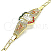 Oro Laminado Fancy Bracelet, Gold Filled Style Guadalupe and Heart Design, with Multicolor Crystal, Polished, Tricolor, 03.380.0082.1.08 (04 MM Thickness, 8 Inches Length)
