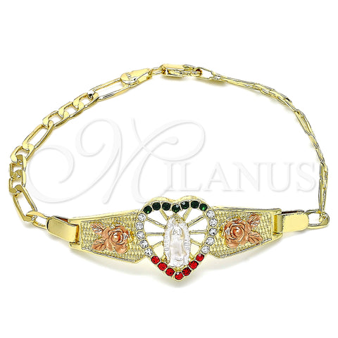 Oro Laminado Fancy Bracelet, Gold Filled Style Guadalupe and Heart Design, with Multicolor Crystal, Polished, Tricolor, 03.380.0082.1.08 (04 MM Thickness, 8 Inches Length)