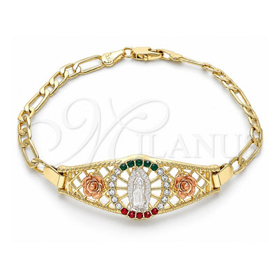 Oro Laminado Fancy Bracelet, Gold Filled Style Guadalupe and Flower Design, with Multicolor Crystal, Polished, Tricolor, 03.380.0084.08 (04 MM Thickness, 8 Inches Length)