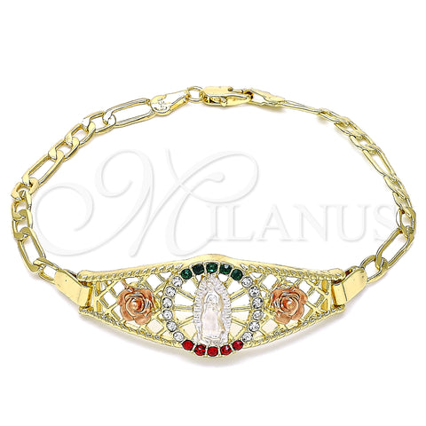 Oro Laminado Fancy Bracelet, Gold Filled Style Guadalupe and Flower Design, with Multicolor Crystal, Polished, Tricolor, 03.380.0084.08 (04 MM Thickness, 8 Inches Length)