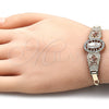 Oro Laminado Fancy Bracelet, Gold Filled Style Guadalupe and Flower Design, with White Crystal, Polished, Tricolor, 03.380.0085.08 (04 MM Thickness, 8 Inches Length)