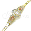 Oro Laminado Fancy Bracelet, Gold Filled Style Guadalupe and Flower Design, with White Crystal, Polished, Tricolor, 03.380.0085.08 (04 MM Thickness, 8 Inches Length)