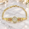 Oro Laminado Fancy Bracelet, Gold Filled Style Guadalupe and Flower Design, with White Crystal, Polished, Tricolor, 03.380.0085.08 (04 MM Thickness, 8 Inches Length)