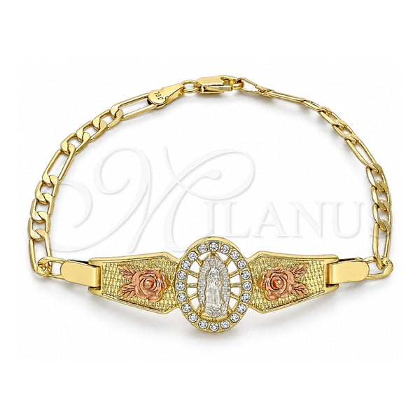 Oro Laminado Fancy Bracelet, Gold Filled Style Guadalupe and Flower Design, with White Crystal, Polished, Tricolor, 03.380.0085.08 (04 MM Thickness, 8 Inches Length)