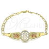 Oro Laminado Fancy Bracelet, Gold Filled Style Guadalupe and Flower Design, with White Crystal, Polished, Tricolor, 03.380.0085.08 (04 MM Thickness, 8 Inches Length)