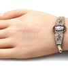 Oro Laminado Fancy Bracelet, Gold Filled Style Guadalupe and Flower Design, with Multicolor Crystal, Polished, Tricolor, 03.380.0085.1.08 (04 MM Thickness, 8 Inches Length)