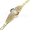 Oro Laminado Fancy Bracelet, Gold Filled Style Guadalupe and Flower Design, with Multicolor Crystal, Polished, Tricolor, 03.380.0085.1.08 (04 MM Thickness, 8 Inches Length)