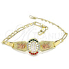 Oro Laminado Fancy Bracelet, Gold Filled Style Guadalupe and Flower Design, with Multicolor Crystal, Polished, Tricolor, 03.380.0085.1.08 (04 MM Thickness, 8 Inches Length)